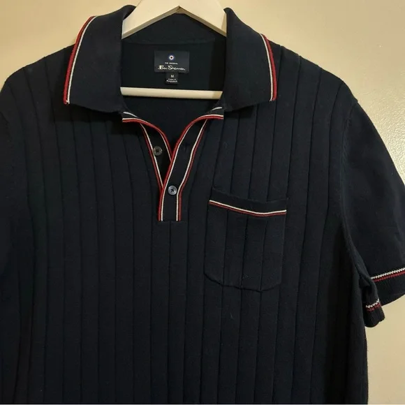 Ben Sherman Polo Shirt Mens Med Navy Blue Red Retro Textured Knit Ribbed Sweater - Picture 2 of 6